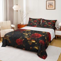 Homewish Romantic Red Rose Twin Sheet Sets for Women, Anniversary Flower Floral Twin Fitted Sheet, Mystic Galaxy Flat Sheet, Luxury Bedroom Decor, 3pcs