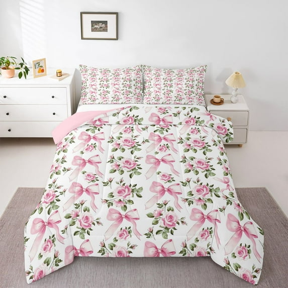 Homewish Romantic Ribbon Bow Queen Comforter Set for Kids, Spring Pink Rose Floral Bedding Sets, Kawaii Cartoon Reversible Bedding Comforter Set, Ultra Soft Bedroom Decor, 3pcs
