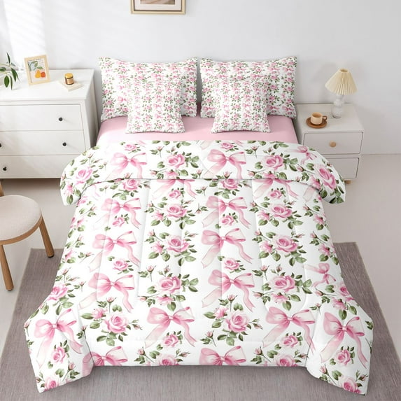 Homewish Romantic Ribbon Bow Twin Bedding Sets 7-Piece for Kids, Spring Pink Rose Floral Bedding Comforter Set, Kawaii Cartoon Reversible Sheet Sets, Ultra Soft Bedroom Decor
