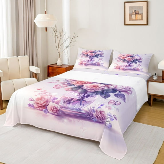 Homewish Romantic Rose Adult Twin Sheet Sets, Plum Flower Floral Twin Fitted Sheet, Art Watercolor Flat Sheet, Breathable Home Decor, 3-Piece
