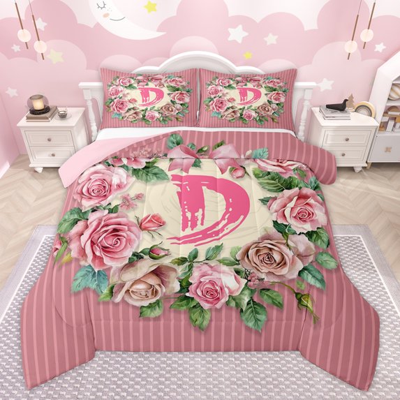 Homewish Romantic Rose Flower Queen Comforter Set for Teens, Initial D Letter Bedding Sets, Cartoon Pink Stripe Reversible Bedding Comforter Set, Super Cozy Room Decor, 3-Piece