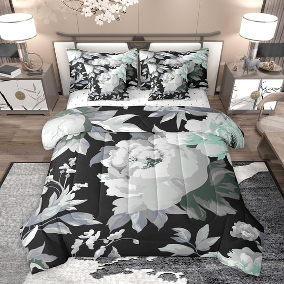 Homewish Romantic Rose Flower Twin Bedding Sets 7-Piece, Leaf Plant Botanical Bedding Comforter Set, Black Grey Oil Printing Reversible Sheet Sets, Microfiber Bedroom Decor