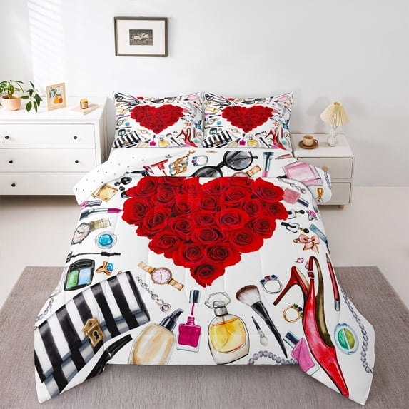 Homewish Romantic Rose Love Heart 2pcs Bedding Comforter Set for Teens Female Men,Pink Fashion Twin Comforter Sets,Valentine's Day Breathable Bedding Set,Breathable Home Decor,Reversible