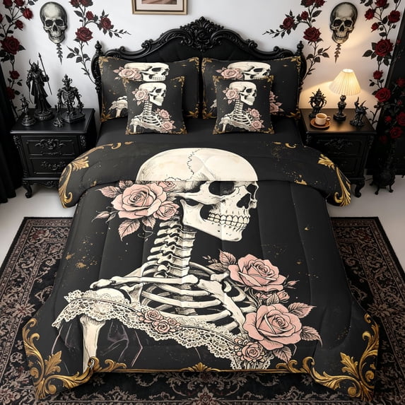 Homewish Romantic Rose Skeleton Twin Bedding for Kids, Vintage Western Damask Flower Bedding Comforter Set, Black Reversible, 7 Pieces