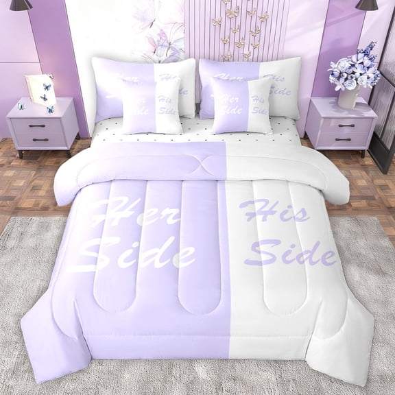 Homewish Romantic Valentine Bedding Comforter Set 7pcs for Couple, White Purple Splicing Queen Bedding Sets, Modern Simple Theme Queen Sheet Sets, Microfiber Bedroom Decor