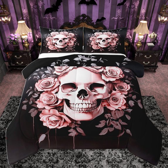 Homewish Romantic Valentine Twin Comforter Set,Rustic Floral Spooky Gothic Skeleton,Breathable Reversible Decor For Girls Kids,2-Piece
