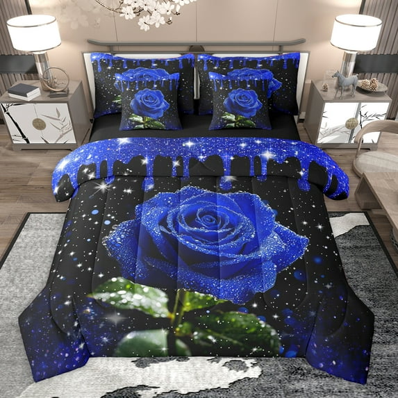 Homewish Romantic Valentine'S Day 7 Pieces Bedding Comforter Set,Country Floral Rose Full Bedding Set,Dreamy Blue Black Fitted Sheet Flat Sheet For Adult,Super Cozy Room Decor Reversible
