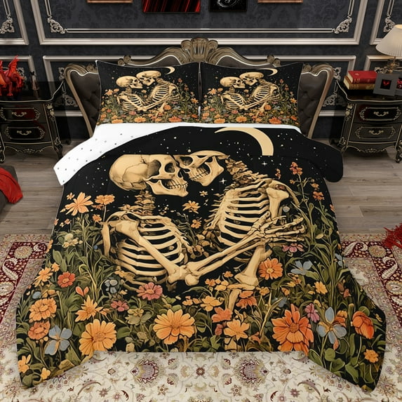 Homewish Romantic Valentine'S Day Bedding Comforter Set,Gothic Skelelton Skull Twin Comforter Sets,Retro Rustic Flower Bedding Set For Boys Girls,Microfiber Bedroom Decor Reversible,2-Piece