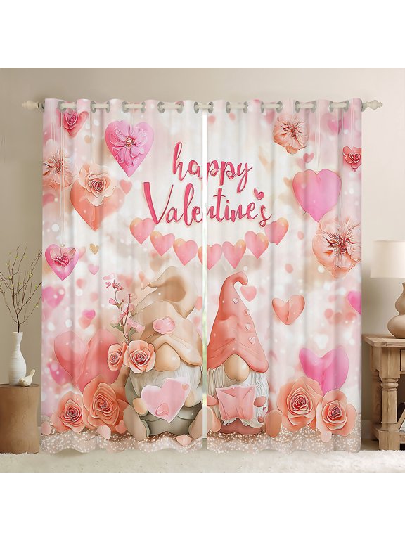 Romantic Valentine's Day Black Out Curtains, Kawaii Couple Gnome Curtains Pack of 2 (42x63 Each), Pink Rose Flower Bedroom Curtains, Blackout Curtains Home Decor
