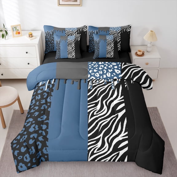 Homewish Romantic Valentines Day Bedding Comforter Set 7-Piece, Black Navy Splash King Bedding Sets, Chic Leopard Zabra Print Reversible Bed Sheets, Luxury Bedroom Decor