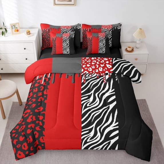 Homewish Romantic Valentines Day Bedding Comforter Set 7 Pieces, Black Red Splash Full Bedding Set, Chic Leopard Zabra Print Reversible Fitted Sheet Flat Sheet, Luxury Bedroom Decor