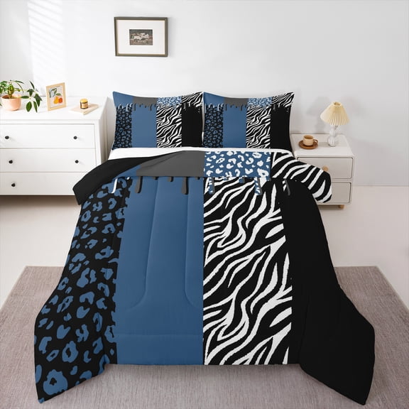 Homewish Romantic Valentines Day Queen Comforter Set, Black Navy Splash Bedding Sets, Chic Leopard Zabra Print Reversible Bedding Comforter Set, Luxury Bedroom Decor, 3pcs