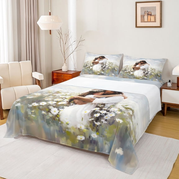 Homewish Romantiic Couple Bed Sheets, Groovy Flower Plant King Sheets, Vintage Oil Printing Sheet Set, Breathable Home Decor, 4pcs