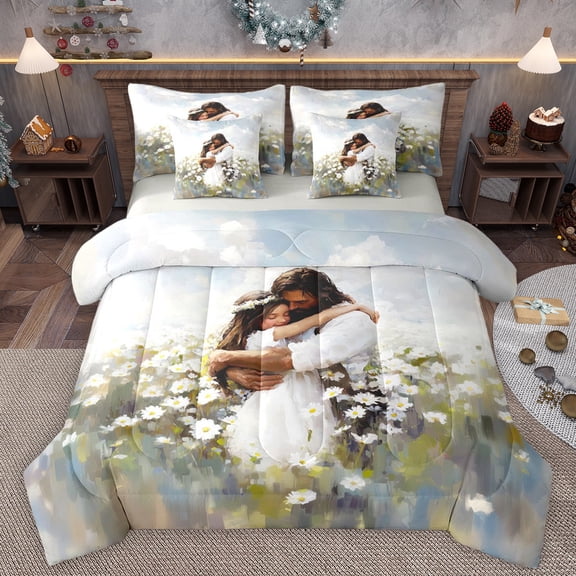 Homewish Romantiic Couple Bedding Comforter Set 7 Pieces, Groovy Flower Plant Full Bedding Set, Vintage Oil Printing Reversible Fitted Sheet Flat Sheet, Breathable Home Decor