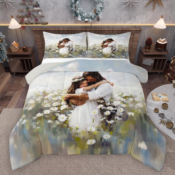 Homewish Romantiic Couple Bedding Comforter Set, Groovy Flower Plant Twin Comforter Sets, Vintage Oil Printing Reversible Bedding Set, Breathable Home Decor, 2pcs