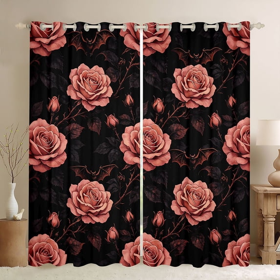 Homewish Rose Bat Kitchen Curtains for Girls, Tropical Blossoms Black Out Curtains Pack of 2 (42x63 Each), Black Dusty Pink
