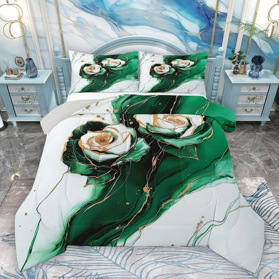 Homewish Rose Flower Floral Queen Comforter Set for Adult, Dreamy Green Mabrle Bedding Sets, Fashion Art Abstract Reversible Bedding Comforter Set, Lightweight Room Decor, 3pcs
