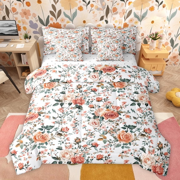 Homewish Rose Flower Floral Twin Bedding Sets 7-Piece for Adult, Plant Botanical Bedding Comforter Set, Vintage Western Fashion Reversible Sheet Sets, Luxury Bedroom Decor