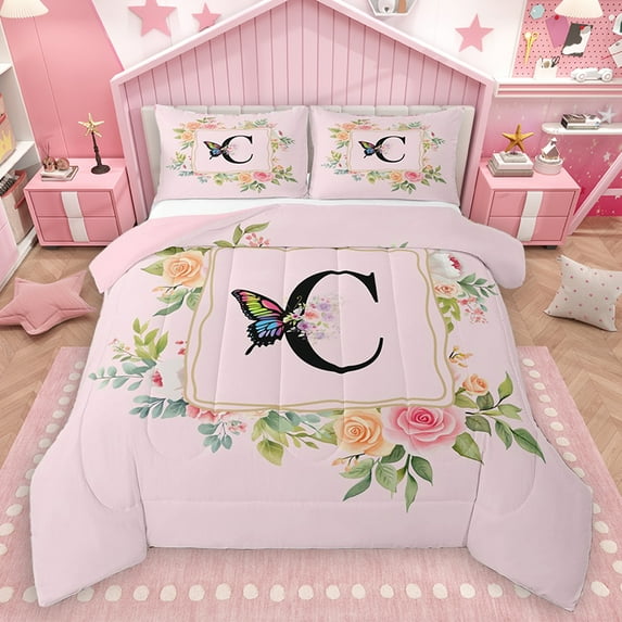 Homewish Rose Initial C Letter Queen Comforter Set, Kawaii Cartoon Butterfly Bedding Sets, Teens Kids Girls Women Reversible Bedding Comforter Set, Luxury Bedroom Decor, 3-Piece