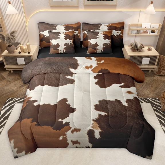 Homewish Rsutic Cow Hide 7 Pieces Bedding Comforter Set,Country Farmhouse Lodge Full Bedding Set,Brown Beige Fitted Sheet Flat Sheet For Girls,Breathable Home Decor Reversible