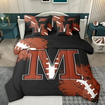 Homewish Rugby Ball Print 7-Piece Twin Bedding Sets,Brown Football Pattern Bedding Comforter Set,First Letter M Sheet Sets For Girls,Super Cozy Room Decor Reversible