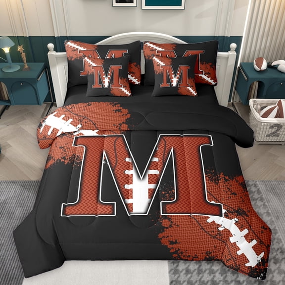 Homewish Rugby Ball Print 7-Piece Twin Bedding Sets,Brown Football Pattern Bedding Comforter Set,First Letter M Sheet Sets For Girls,Super Cozy Room Decor Reversible