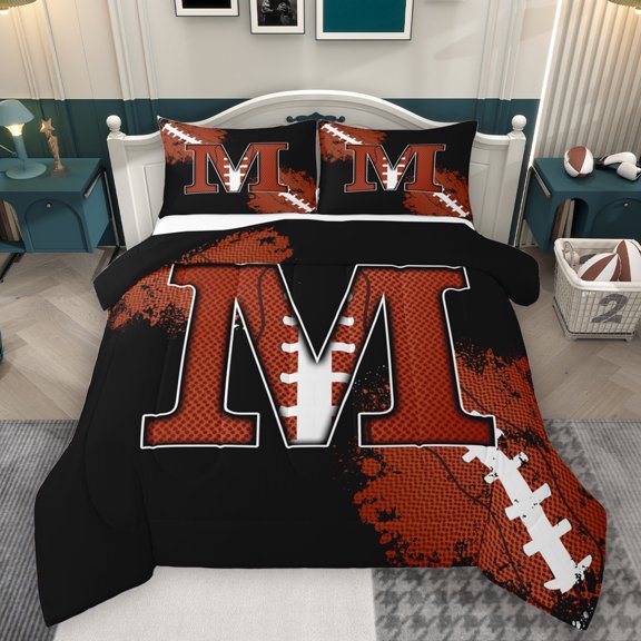Homewish Rugby Ball Print Bedding Comforter Set,Brown Football Pattern Twin Comforter Sets,First Letter M Bedding Set For Girls,Super Cozy Room Decor Reversible,2 Pieces