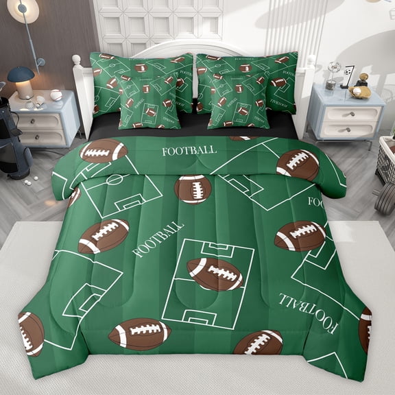 Homewish Rugby Game 7-Piece Bedding Comforter Set,Boys Ball Game Sport King Bedding Sets,Green Brown Bed Sheets For Boys Kids,Luxury Bedroom Decor Reversible