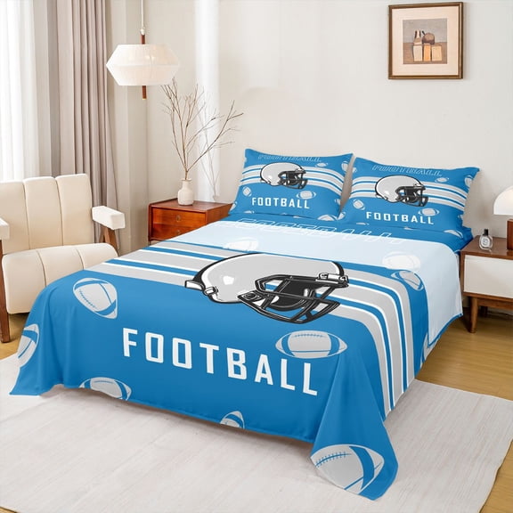 Homewish Rugby Game Gaming Twin Sheet Sets,Football Sport Twin Fitted Sheet,Blue Gray Flat Sheet For Teens,Luxury Bedroom Decor,3pcs