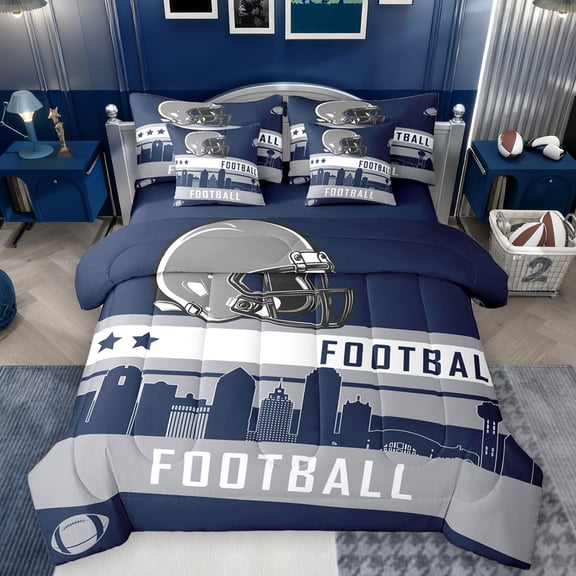 Homewish Rugby Game Lovers 7pcs Bedding Comforter Set,Football Sport City Queen Bedding Sets,Grey White Blue Queen Sheet Sets For Teens,Breathable Home Decor Reversible