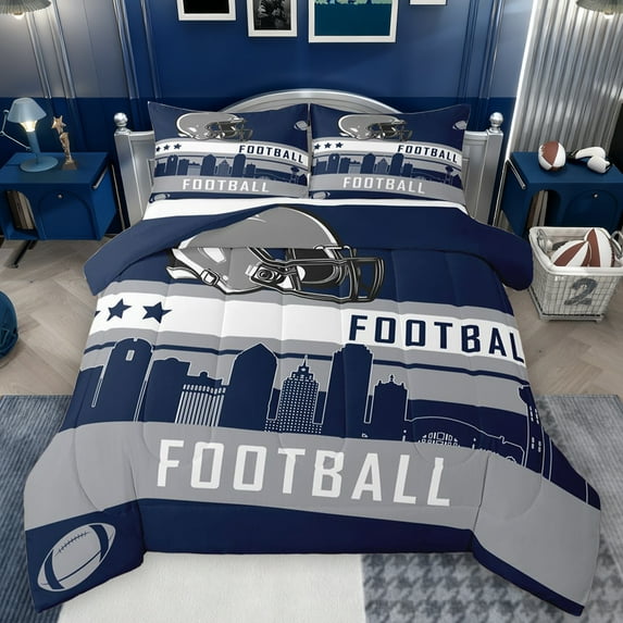 Homewish Rugby Game Lovers Full Size Comforter Sets,Football Sport City Bedding Comforter Set,Grey White Blue Bedding Sets For Teens,Breathable Home Decor Reversible,3-Piece