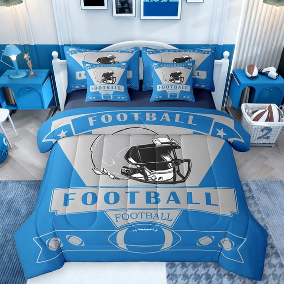 Homewish Rugby Gamer 7-Piece Bedding Comforter Set,Football Sport Game King Bedding Sets,Gray Blue Bed Sheets For Teens,Breathable Home Decor Reversible