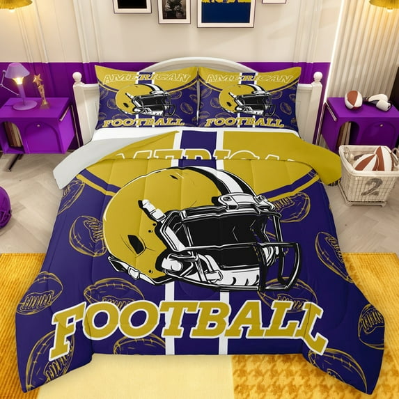 Homewish Rugby Gamer Bedding Comforter Set,Football Sport Twin Comforter Sets,Yellow Purple Bedding Set For Teens,Luxury Bedroom Decor Reversible,2pcs