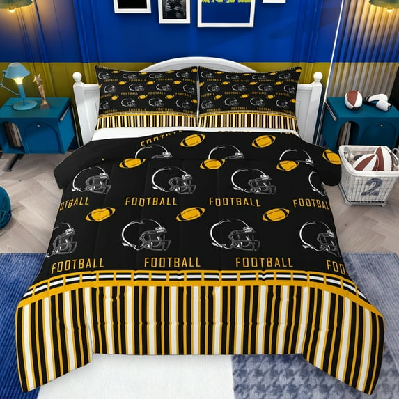 Homewish Rugby Gamer Full Size Comforter Sets,Football Sport Lover Bedding Comforter Set,Black Helmet Yellow Striped Bedding Sets For Boys Teens,Super Cozy Room Decor Reversible,3-Piece