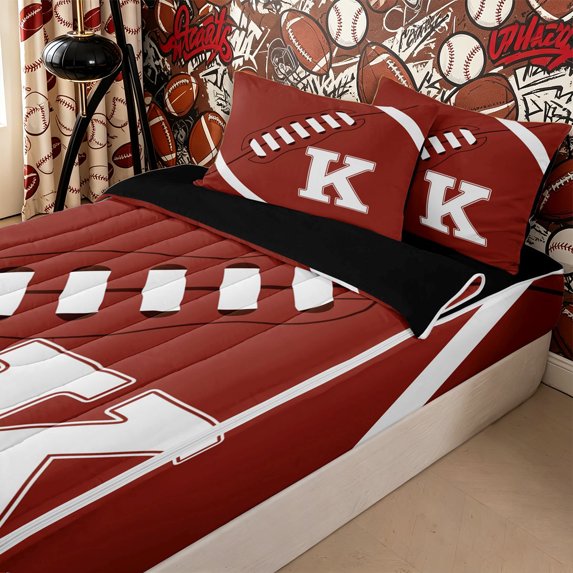 Homewish Rugby Gamer K Initial Zipper Twin Comforter Sets with Fitted Sheet and 2 Pillowcases for Boys Girls,Sport Theme Football Zipper Bedding Set for Teens,4-Piece,Black Reversible
