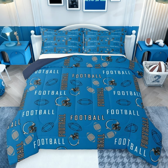 Homewish Rugby Gamer Queen Comforter Set,Football Sports Game Bedding Sets,Blue Gray Black Bedding Comforter Set For Kids,Super Cozy Room Decor Reversible,3pcs