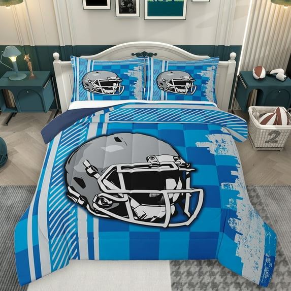 Homewish Rugby Helmat Queen Comforter Set,Boys Football Sport Bedding Sets,Blue Geometric Checkered Stripe Bedding Comforter Set For Teens,Microfiber Bedroom Decor Reversible,3-Piece