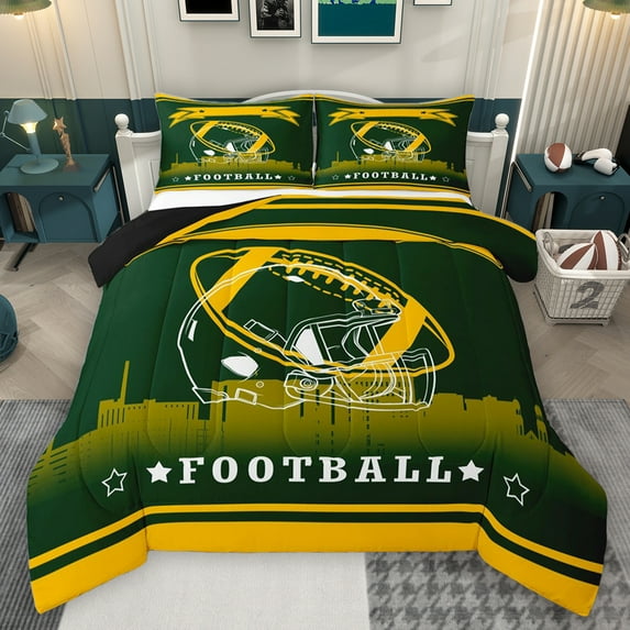 Homewish Rugby Helmet Print Bedding Comforter Set for Boys, Green Yellow Football Soccer Twin Comforter Sets, Sports Theme Reversible Bedding Set, Super Cozy Room Decor, 2-Piece