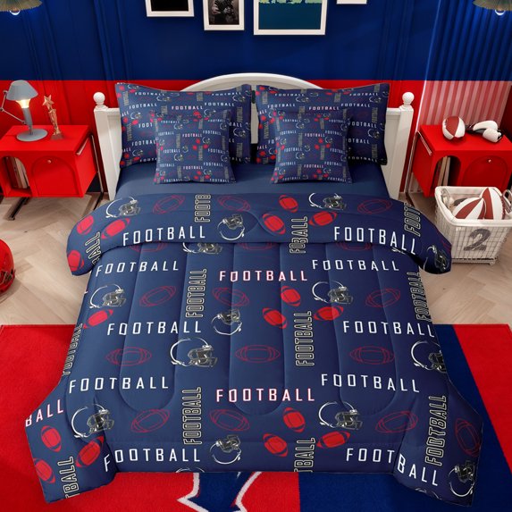 Homewish Rugby Sport 7-Piece Twin Bedding Sets,Football Helmet Bedding Comforter Set,Red Blue Black Sheet Sets For Bosy Kids,Luxury Bedroom Decor Reversible