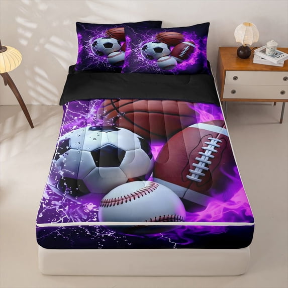 Homewish Rugby Sport Games Zipper Twin Comforter Sets with Fitted Sheet and 2 Pillowcases,Soccer Basketball Lovers Zipper Bedding Set For Kids Boys,Black Reversible,4-Piece