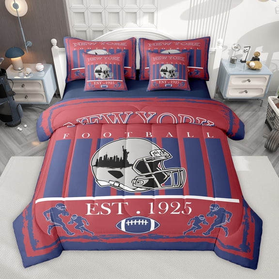Homewish Rugby Sport Lovers 7-Piece Bedding Comforter Set,New York City Silhouette King Bedding Sets,Blue Red Gray Bed Sheets For Boy,Microfiber Bedroom Decor Reversible
