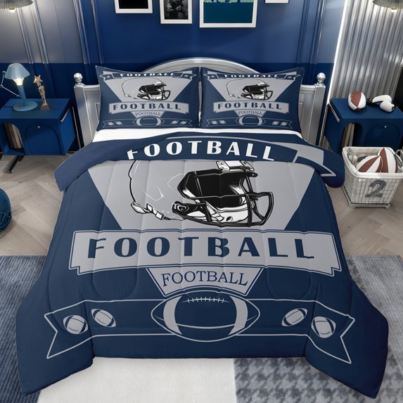 Homewish Rugby Sport Theme Full Size Comforter Sets,Ball Gamer Gaming Bedding Comforter Set,Gray Football Helmet Bedding Sets For Kids,Microfiber Bedroom Decor Reversible,3 Pieces
