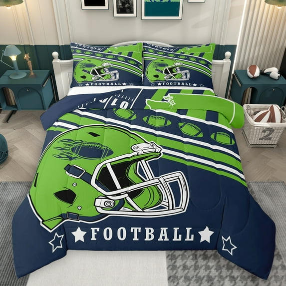 Homewish Rugby Sports Kids Bedding Comforter Set, Vintage Football Helmet Twin Comforter Sets, Cartoon Stars Print Reversible Bedding Set, Navy Green Super Cozy Room Decor, 2-Piece