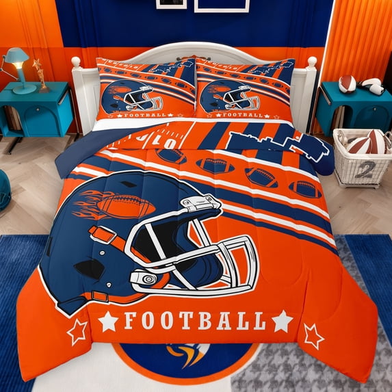 Homewish Rugby Sports Kids Bedding Comforter Set, Vintage Football Helmet Twin Comforter Sets, Cartoon Stars Print Reversible Bedding Set, Orange Blue Breathable Home Decor, 2 Pieces