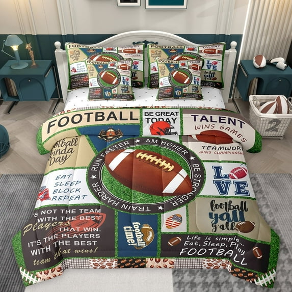 Homewish Rugby Sports Lover Twin Bedding Sets 7-Piece for Kids, Vintage Patchwork Bedding Comforter Set, Soccer Football Time Sheet Sets, Breathable Home Decor
