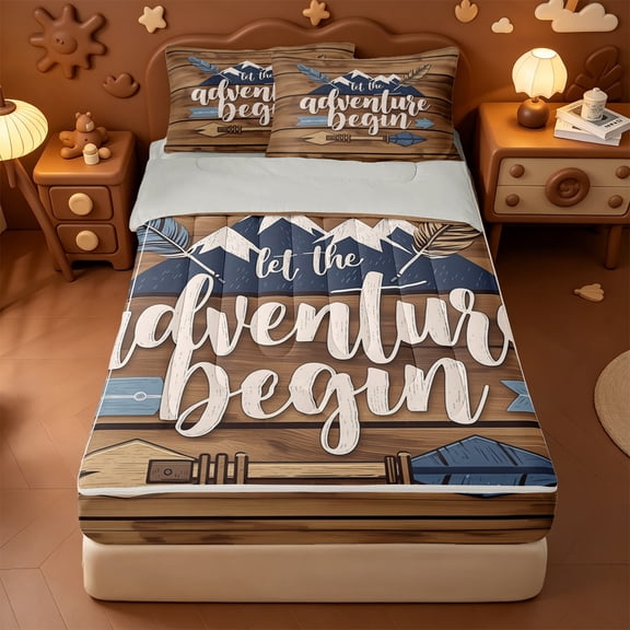 Homewish Rustic Adventure Zipper Twin Comforter Sets with Fitted Sheet and 2 Pillowcases,Mountain Arrow Wood Zipper Bedding Set For Boys,Light Gray Reversible,4-Piece