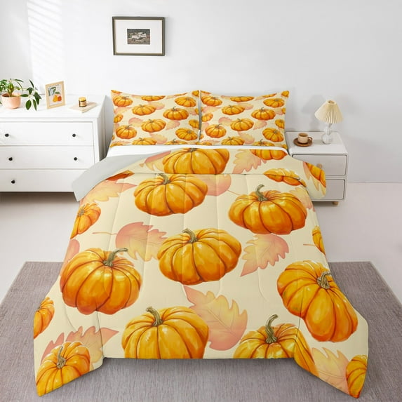 Homewish Rustic Autumn Pumpkin Queen Comforter Set,Happy Fall Bedding Sets,Orange Maples Leaf Bedding Comforter Set For Girls Teens,Ultra Soft Home Decor Reversible,3 Pieces
