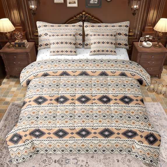Homewish Rustic Aztec 7pcs Bedding Comforter Set,Bohemain Geometric Triangle Queen Bedding Sets,Beige Black Queen Sheet Sets For Men Women,Ultra Soft Home Decor Reversible