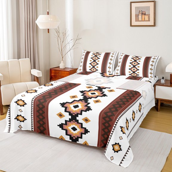 Homewish Rustic Aztec Bed Sheets,Bohemain Geometric Triangle King Sheets,White Brown Sheet Set For Men Women,Ultra Soft Home Decor,4 Pieces
