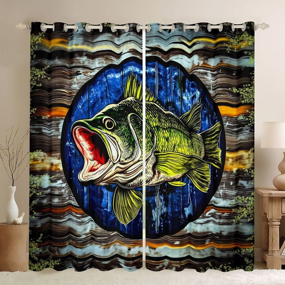 Homewish Rustic Bass Fish Blackout Curtains Set of 2 (52x84 Each) for Men, Rustic Wooden Plank Window Curtains, Western Countryside Curtains and Drapes, Curtains and Drapes Bedroom Decor